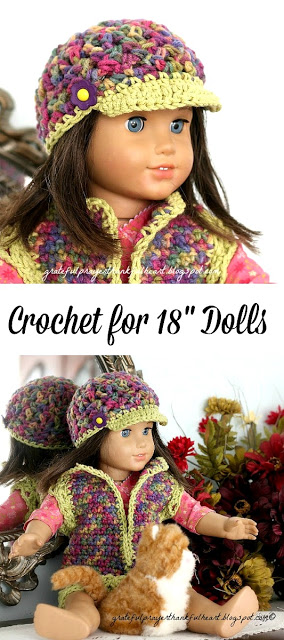 Adorable sweater vest with matching beanie hat American Girl Crochet Pattern for dolls. Work in solid color, make stripes or variegated to vary look.