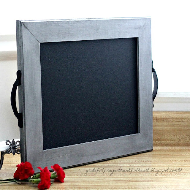 Make a chalkboard and serving tray with a brushed-metal look detailed DIY how-to instructions. Great housewarming gift for newlyweds.