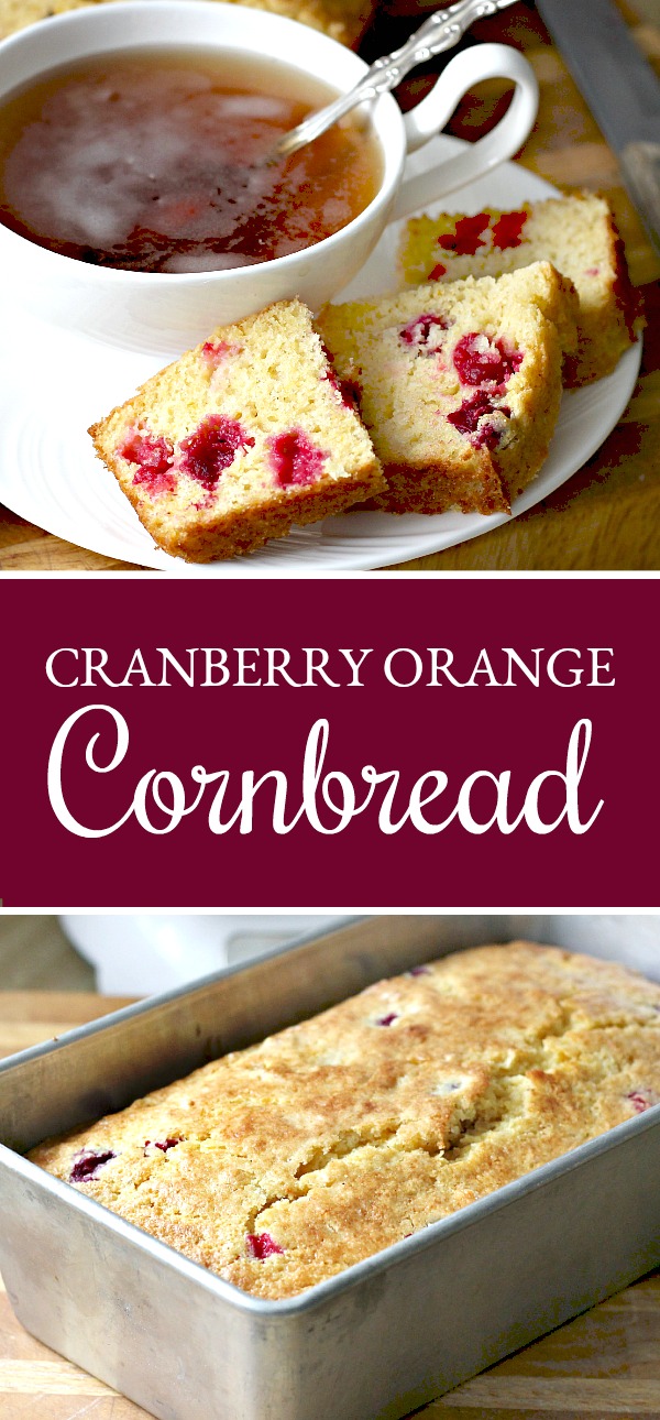 Quick, easy and delicious, Cranberry Orange Cornbread is lovely with tea for breakfast or morning coffee break time. Substitute blueberries or raspberries.