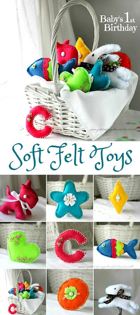 Sweet basket of felt toys for baby's birthday are perfect for little hands. Soft and colorful, in easy-to-make pattern shapes with pretty stitching.
