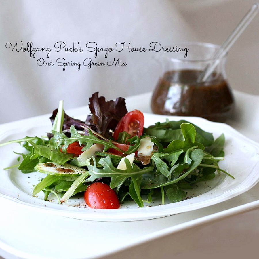 An easy salad of spring greens, grape tomatoes, thinly sliced zucchini and shaved cheese comes to life with the sophisticated flavor of a dressing from Wolfgang Puck's Spago House Dressing. Put it together in a few minutes!