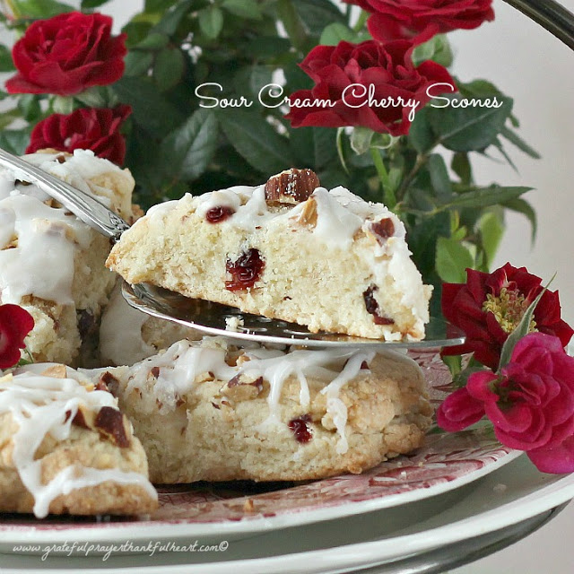 asy Sour Cream Cherry Scones are not-too-sweet, filled with dried cherries, sprinkled with chopped almonds then drizzled with a confectioner's glaze.