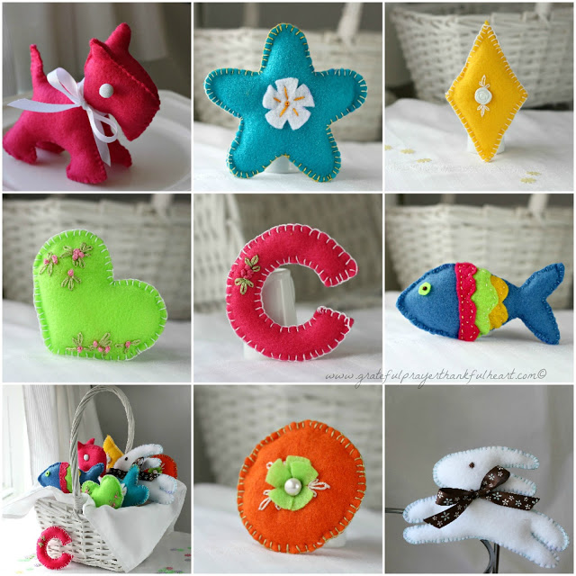 Sweet basket of felt toys for baby's birthday are perfect for little hands. Soft and colorful, in easy-to-make pattern shapes with pretty stitching.