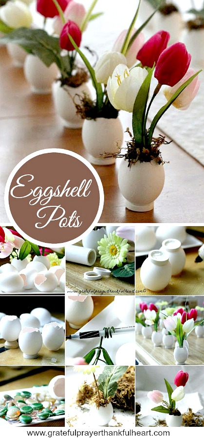 Sweet and dainty, springtime Easter flowers in eggshell pots are super cute. Fill with faux flowers, fresh cut flowers or plant seeds and watch them sprout. Tuck into spaces needing some happy after a dreary winterscape.