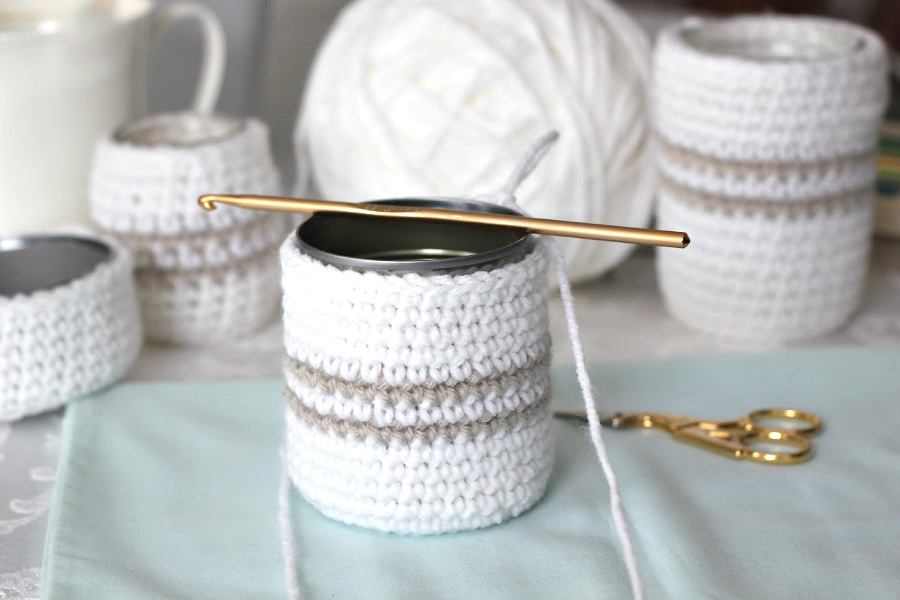 Super easy pattern for cute, useful crochet cozy for jars or cans. Organize your vanity, desk and arts and crafts supplies. Recycle, upcycle and repurpose into multipurpose items!
