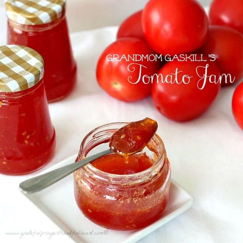 Vintage recipe for Grandmom's Tomato Jam is made using just tomatoes, sugar and lemon or lime juice. Delicious on toast or biscuits and on a cheese board. Perfect use for garden fresh tomatoes and a lovely addition to a gift basket.