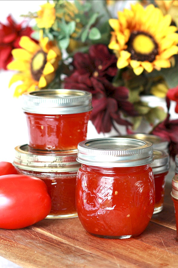 Vintage recipe for Grandmom Gaskill's Tomato Jam is made using just tomatoes, sugar and lemon or lime juice. Delicious on toast or biscuits and on a cheese board. Perfect use for garden fresh tomatoes for canning and a lovely addition to a gift basket.