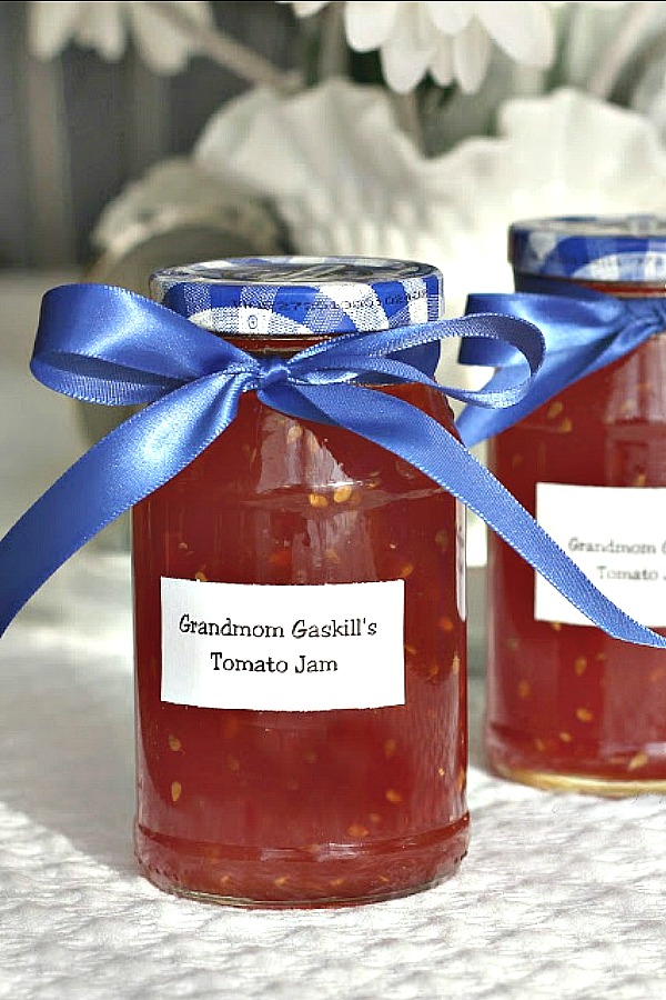 Grandmom Gaskill's Tomato Jam is a very easy, old-fashioned tomato jam comes from a vintage canning recipe. It is delicious spread on toast or biscuits and makes a yummy appetizer. A lovely food gift using your garden's bounty.