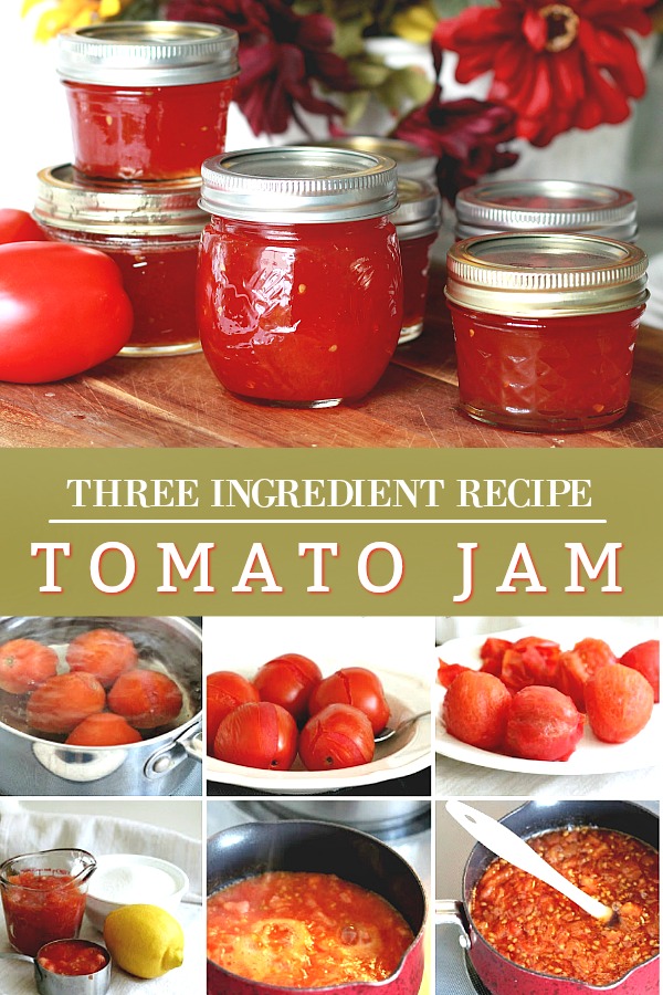 Tomato jam is a delicious, old-fashioned treat prefect as an appetizer with cheese and crackers or simply served on toast. An easy, vintage recipe using just three ingredients and great way to use those beautiful tomatoes from the garden or market.