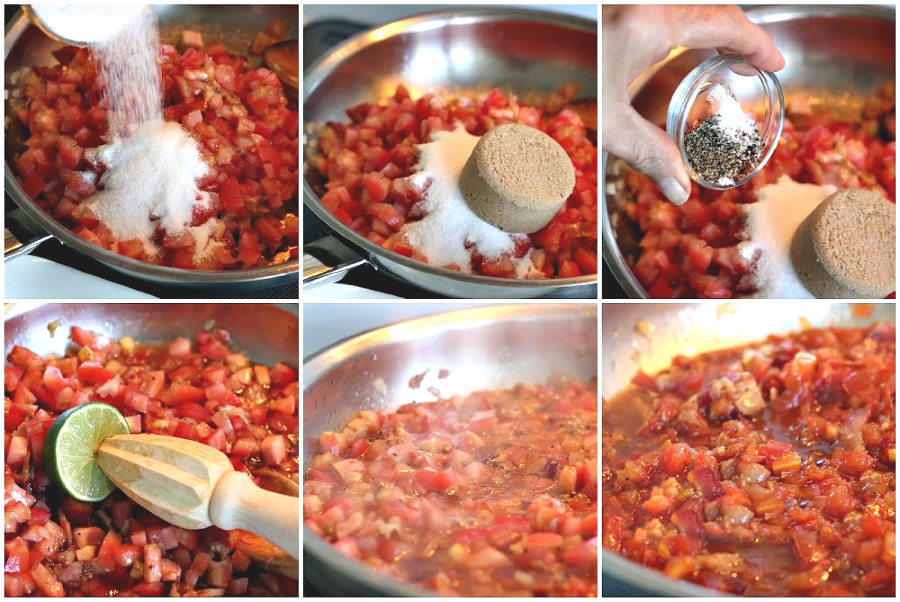 Easy recipe for bacon tomato jam, of sauteed bacon and sweet onions. A savory condiment with a little kick perfect for burgers, eggs and veggies.