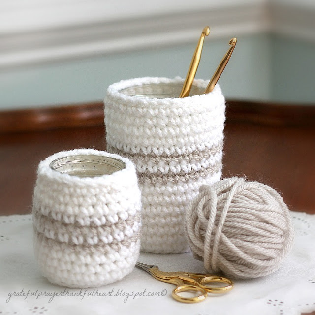 Cute, useful and easy to make crochet cozy for jars or cans can organize your vanity, desk and arts and crafts supplies. Easy to follow pattern.