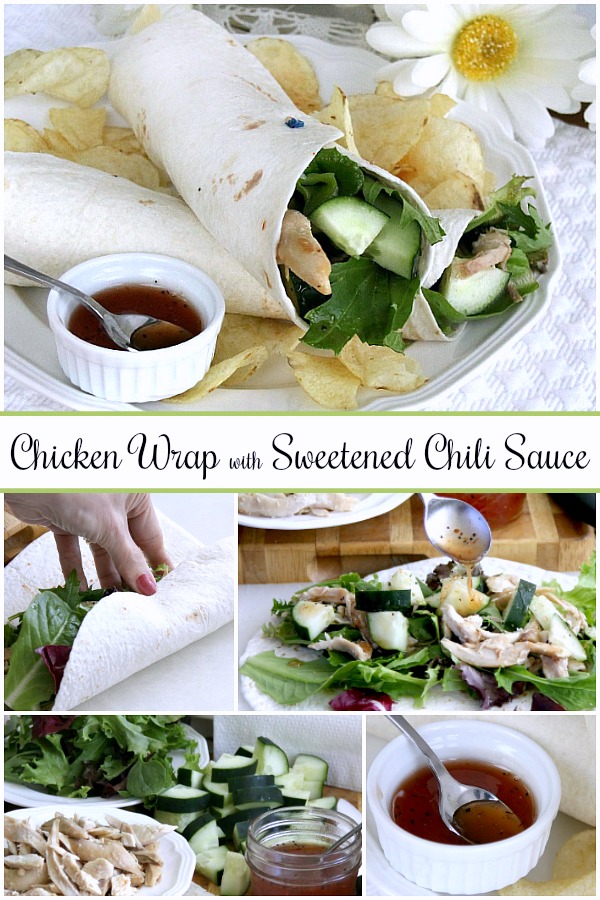 Easy, delicious & healthy lunchtime or lighter evening meal. Chicken Wrap with crisp cucumber, chicken, spring greens rolled up in a tortillas & drizzled with sweetened chili sauce is a perfect choice.