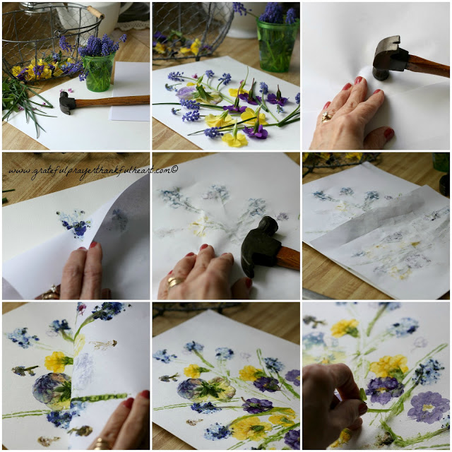 Preserving springtime flowers and creating lovely art is easy by pressing and hammering blossoms onto paper. 