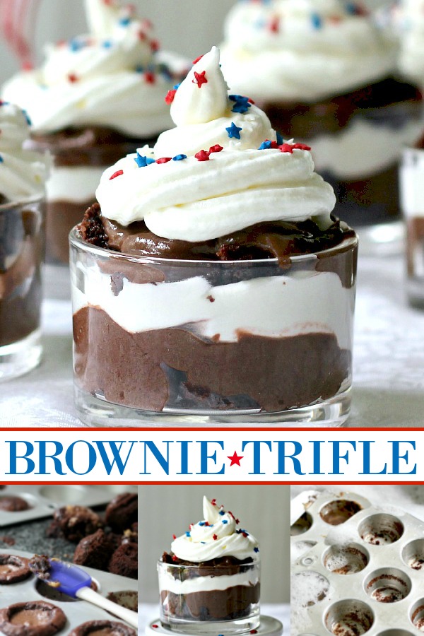 What to do when you have a recipe fail? Make amazing brownie triffle to saved the day! Easy parfait of brownies, chocolate pudding and whipped cream topped with patriotic sprinkles for the 4th of July or Memorial Day.