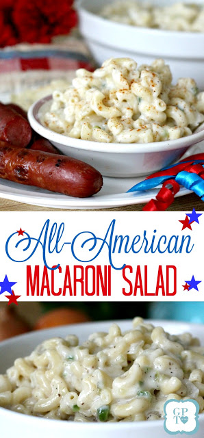 Easy recipe for a classic All-American Macaroni Salad. Perfect side dish for cookouts and barbecues. Serve with hotdogs, burgers, chicken and pork as you celebrate the 4th of July with food and fireworks!