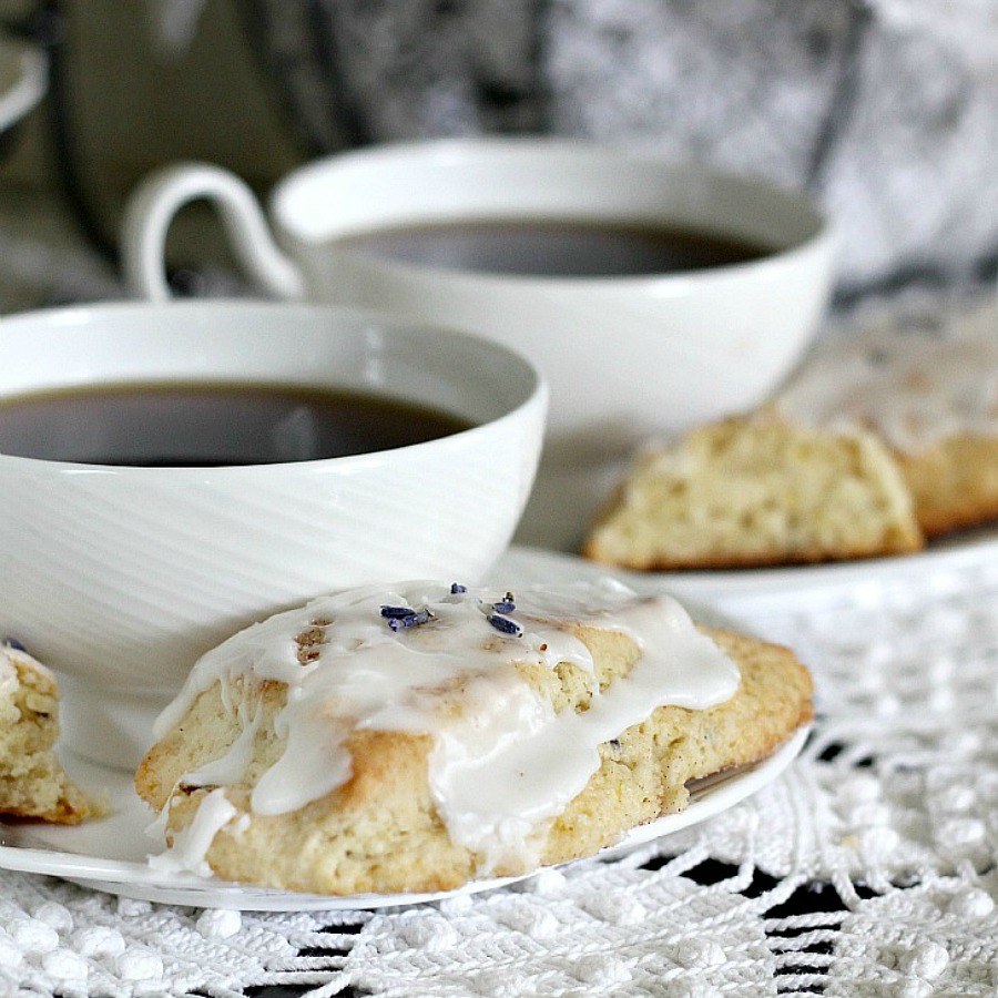 Easy recipe for glazed Sweet Lavender Scones delicious with coffee or tea. Lavender buds impart a mild floral hint that is unique but not overpowering.