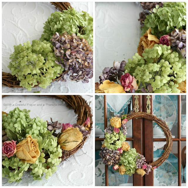 Preserve hydrangea, roses and garden flowers by drying then used to create a lovely wreath.