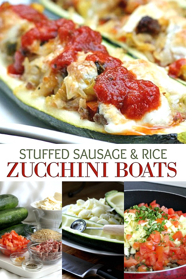 Easy recipe for a great summer meal. Garden fresh zucchini boats are stuffed with sausage, rice, tomatoes, Parmesan and mozzarella cheese for a tasty summer entree.