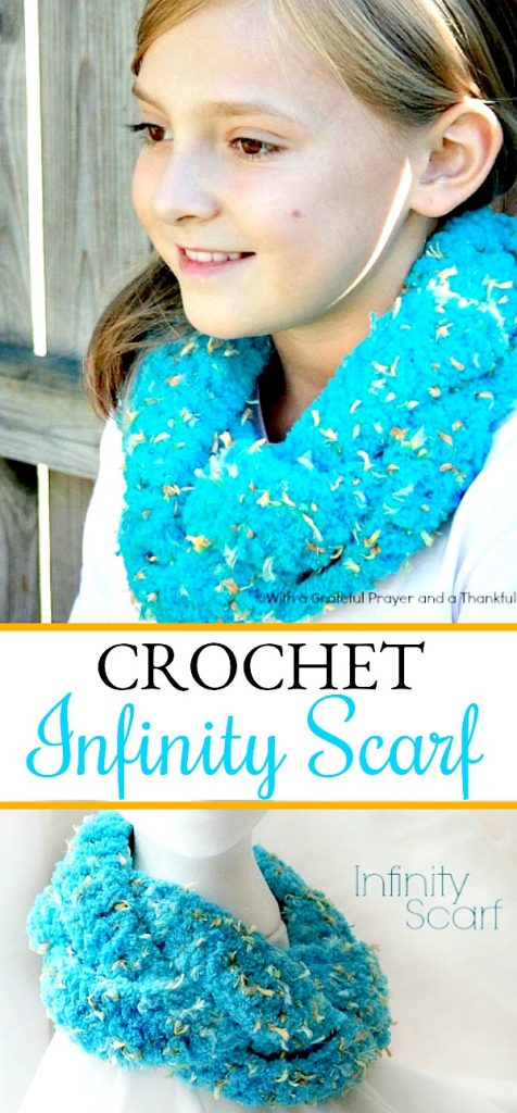 Easy pattern for crochet infinity braided scarf. Three strips worked in basic crochet stitches, braided and stitched together. Very adaptable pattern.