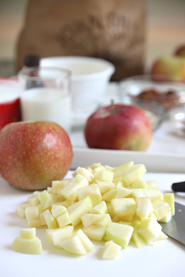 chopping Empire apples to make apple coffee cake recipe