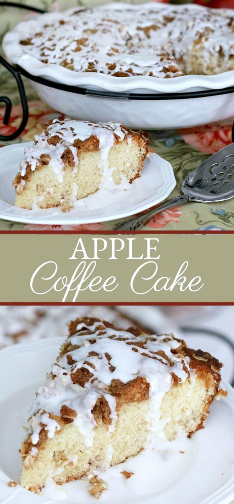 Easy recipe for apple coffee cake with an oat and pecan crumbly topping and a white glaze. Lovely autumn dessert. 