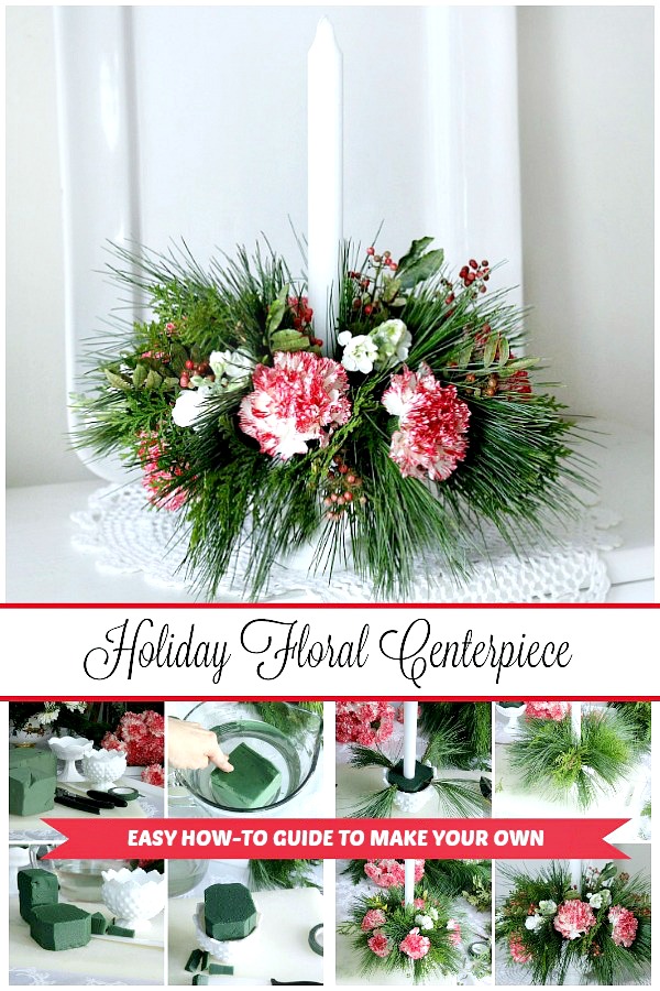 Flowers on the table just brightens the room! A pretty floral Christmas centerpiece arrangement is easy and inexpensive to put together using greens from your yard and some flowers you pick up from the produce store or even the grocery store.