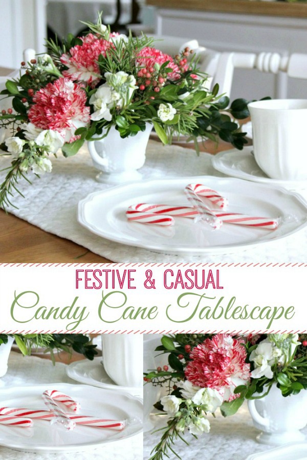 A sweet holiday candy cane tablescape that is casual, festive and easy. Inexpensive too, using greens from your yard and flowers from the grocery store. A lovely Christmas floral centerpiece with DIY how-to.