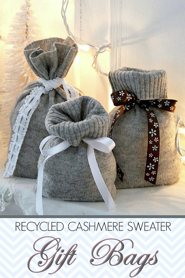 Use a recycled, cashmere sweater from the thrift shop or your closet to make useful and lovely Christmas gift bags. Easy instructions for holiday decorating and gift-giving. 