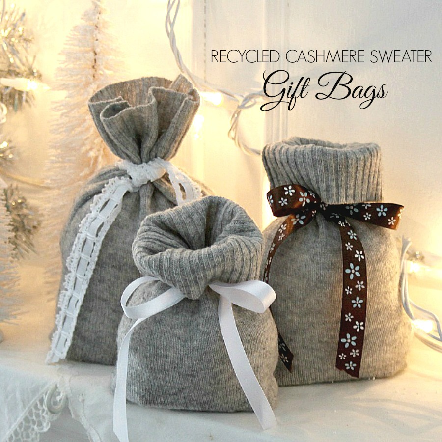 Recycled, cashmere sweater Christmas, reusable gift bags are useful and so pretty. Easy instructions to make using thrift store knitted sweaters.