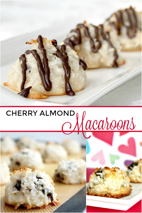 Easy recipe for Cherry Almond Macaroons that are a lighter take on coconut macaroons. They are are soft and chewy with a touch of almond.