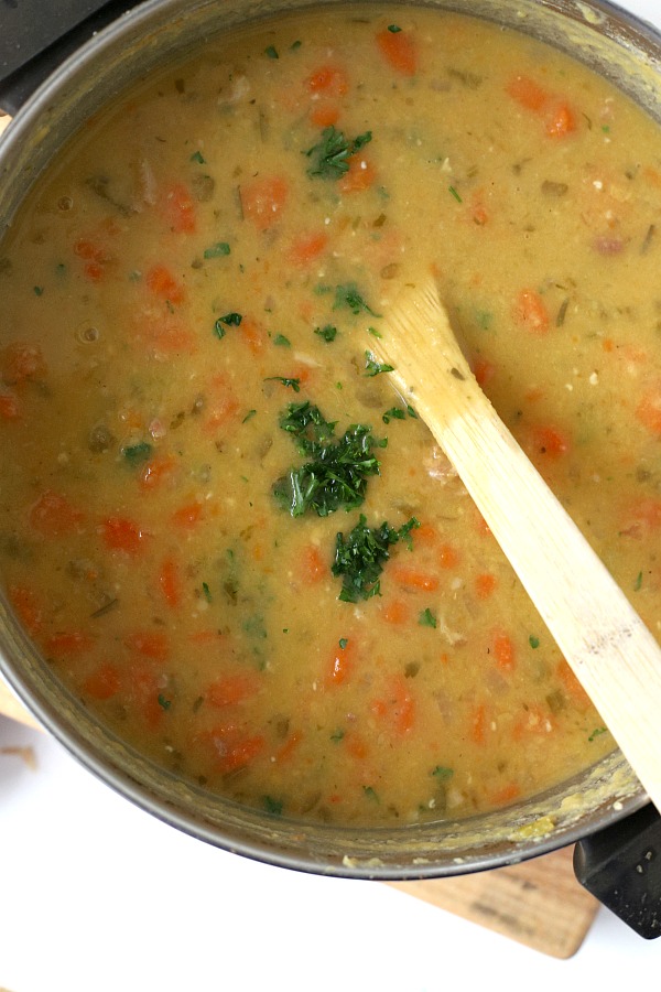 Don't toss that holiday ham bone! Make a delicious pot of homemade split pea soup. A easy, budget-friendly recipe that is comforting and satisfying.