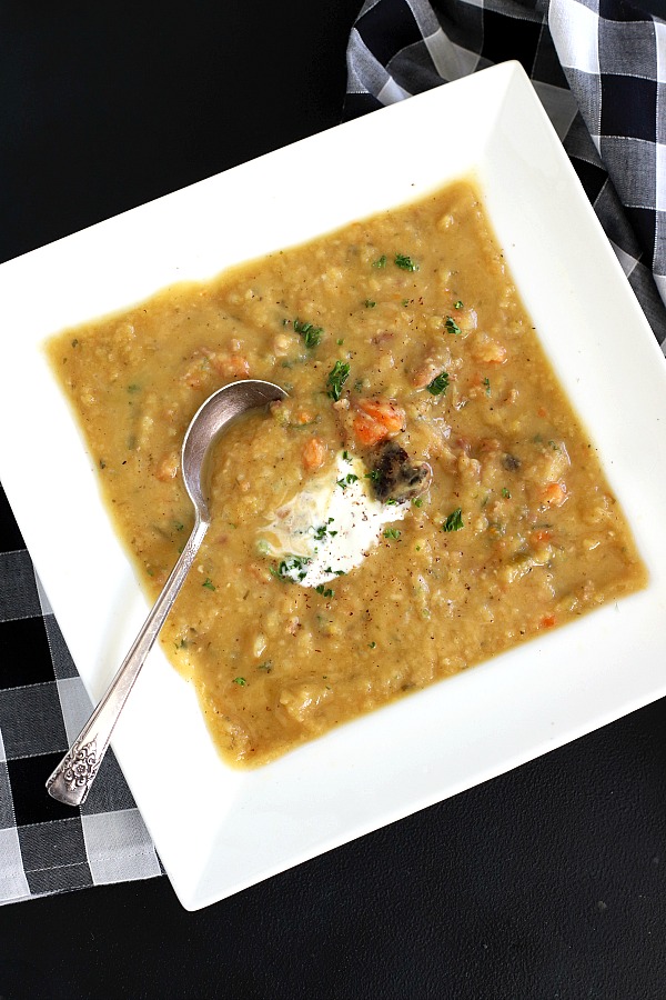 Warm up with a delicious bowl of split pea soup. An easy recipe made with yellow or green peas and a great way to use a holiday ham bone for leftover, budget-stretching goodness.
