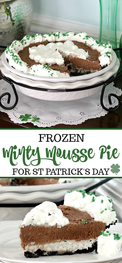 A layer of ice cream with chocolate chips and a layer of chocolaty mousse in a chocolate graham cracker pie crust make up this delicious Frozen Minty Mousse Pie. A great dessert recipe for St. Patrick's Day.
