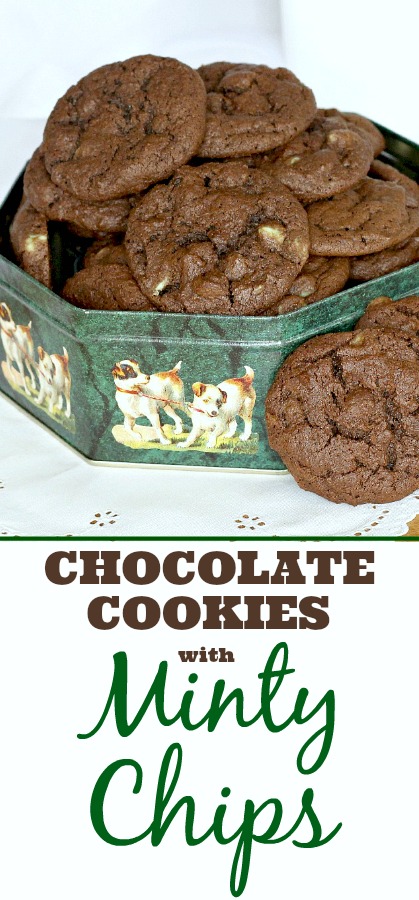 Easy recipe for Chocolate Cookies with Minty Chips. These chocolaty cookies with dark chocolate and mint chips are perfect any time of year but especially nice for St Patrick's Day celebrating.