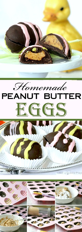 Make your own peanut butter chocolate Easter eggs. A shell of chocolate surrounds a center of creamy, sweetened peanut butter. Use a candy mold or mini muffin tins lined with paper liners. Easy, fun and so much better than store bought candy. 