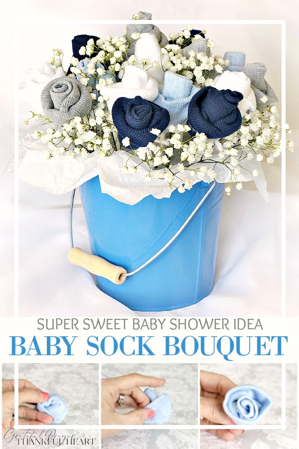 Sweet baby shower decoration made with little socks. Easy to make baby sock rosebud bouquet is a perfect gift to take to a new mom as she welcomes her newborn. How-to tutorial is easy to follow simple by rolling socks into a flower.