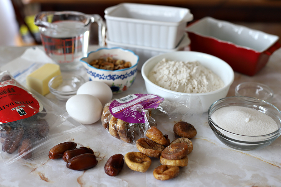 Ingredients for making fig & Date nut bread recipe.