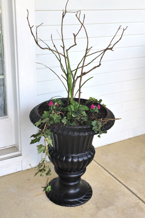 Redoing a garage sale urn was a DIY project that resulted in a beautiful, farmhouse style porch planter for spring garden flowers with lots of curb appeal. Shade loving annual coleus does exceptionally well.