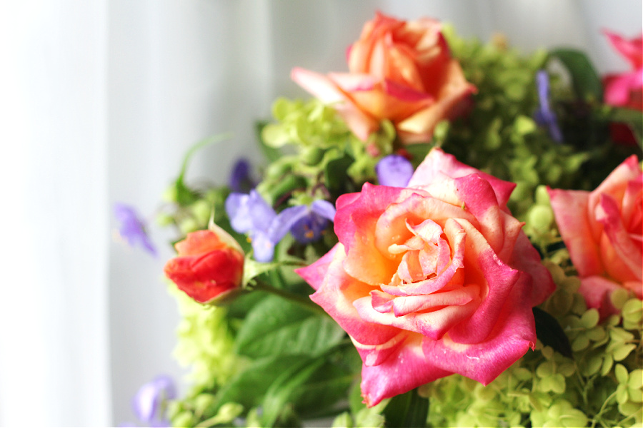 Roses, hydrangea and purple spiderwort fill a vase for a late summer centerpiece