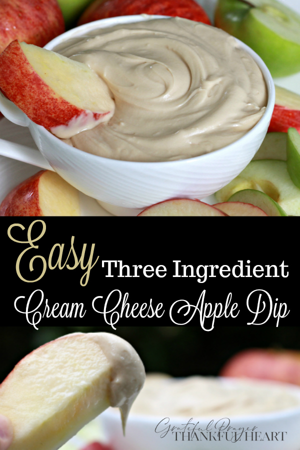 Easy recipe for Cream cheese apple dip is a perfect way to enjoy crisp, Autumn apples. Just three ingredients mixed together for a healthy snack.
