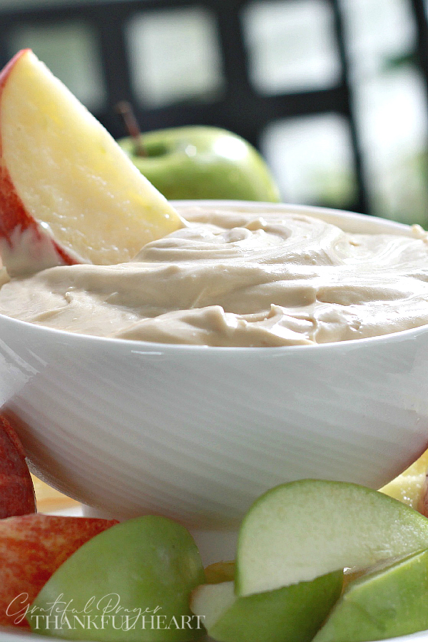 Easy recipe for Cream cheese apple dip is a perfect way to enjoy crisp, Autumn apples. Just three ingredients mixed together for a healthy snack.