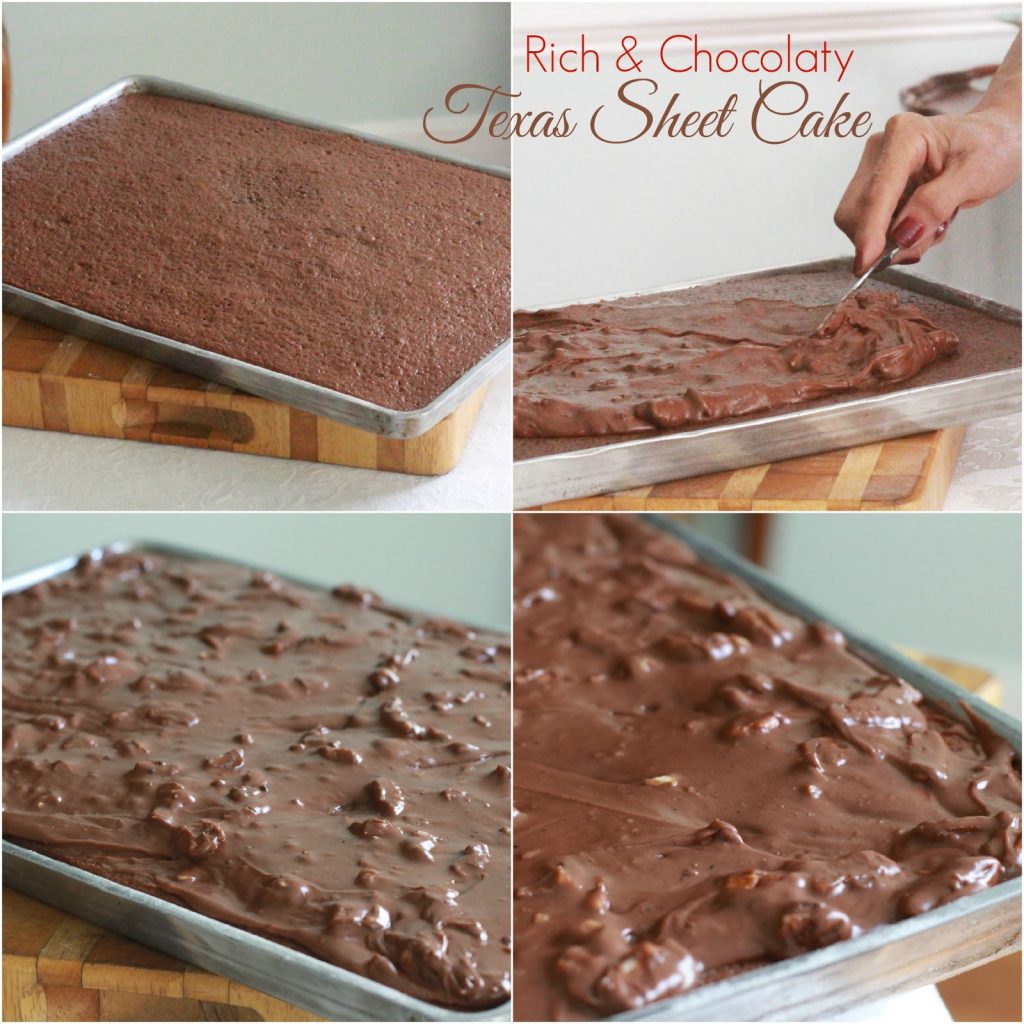 Easy recipe for chocolate Texas Sheet Cake with chocolate frosting tipped with nuts for birthday and holiday celebrations.