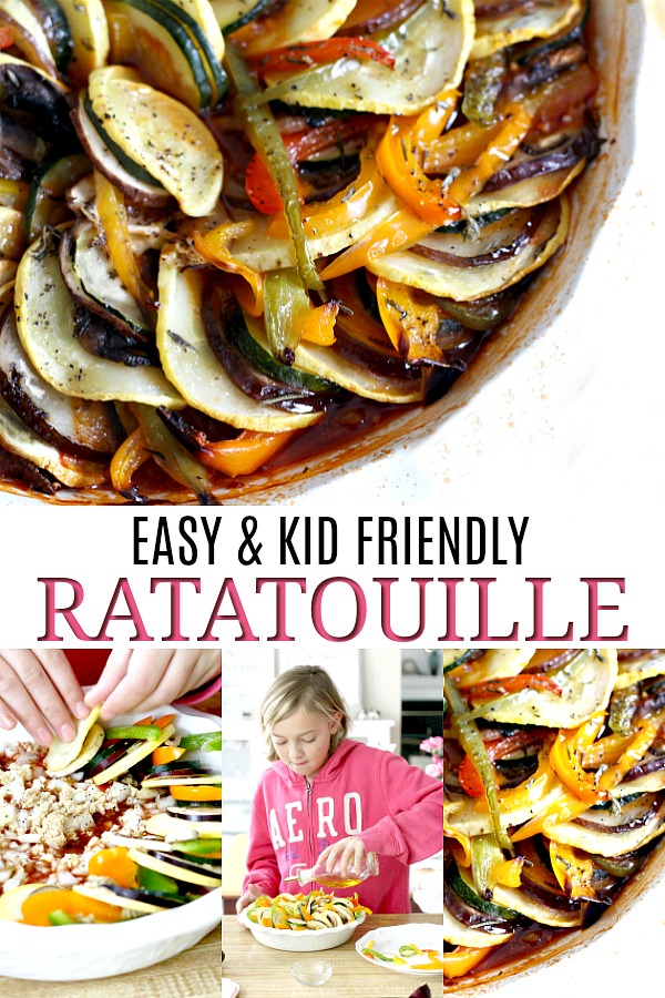 Kid-friendly ratatouille is a healthy combo of summer veggies. Easy recipe of sliced eggplant, zucchini, bell pepper and fresh herbs arranged over tomato sauce and baked until tender.