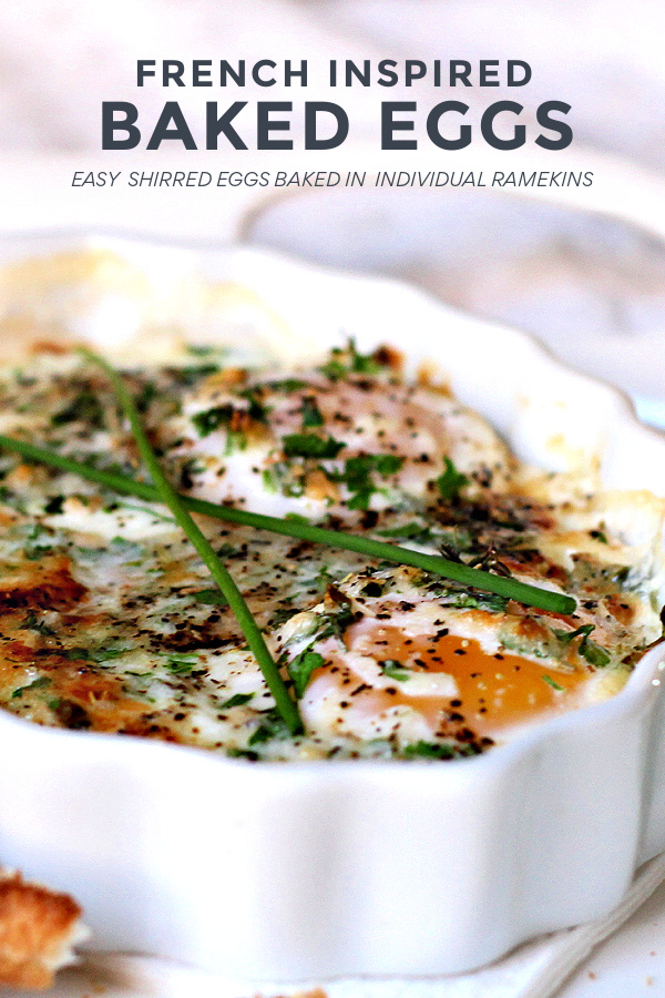 Easy recipe for herbed baked eggs also called shirred egg are made in individual ramekins. Baked to perfection in the oven with butter, herbs, heavy cream & Parmesan cheese.