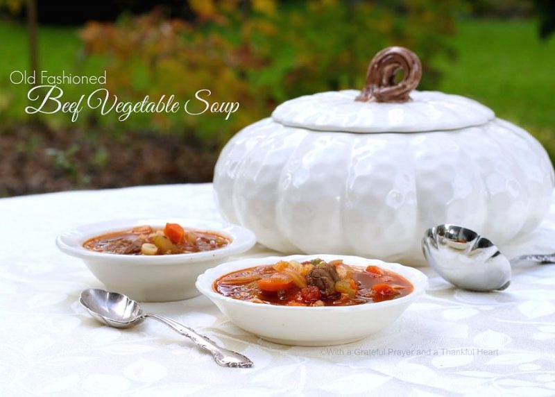 Easy and delicious recipe for old fashioned beef vegetable soup that freezes well. Lots of veggies, chunks of beef and tender pasta is perfect served with buttermilk biscuits. 