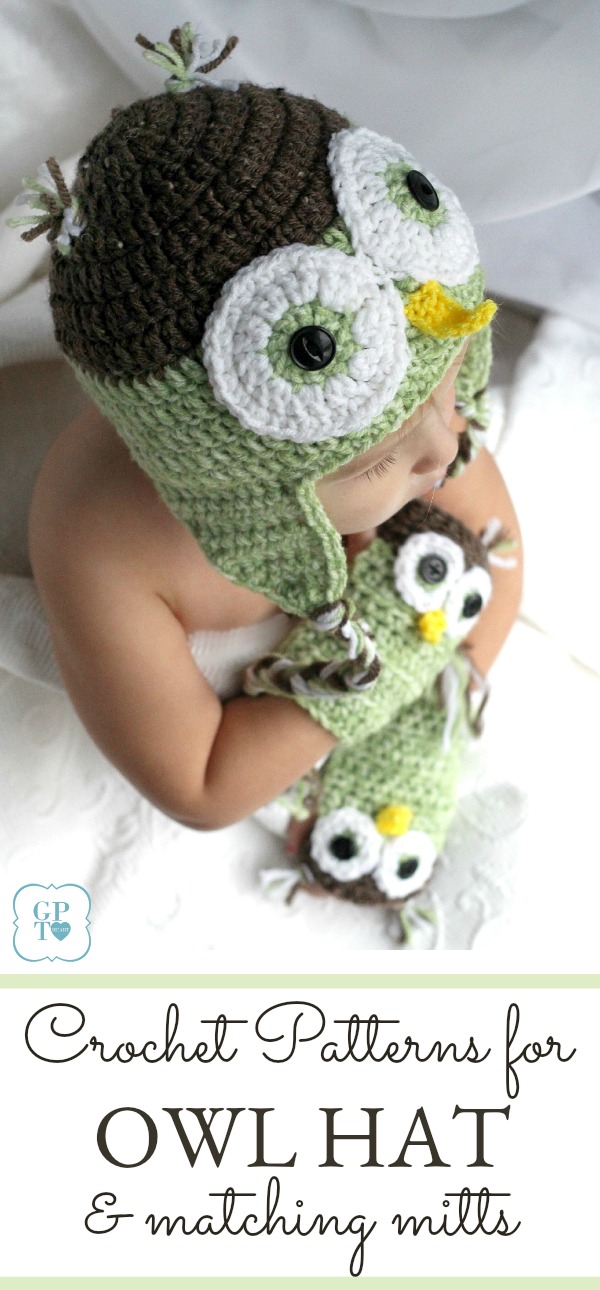 Adorable crochet owl hat with matching hand mitts are so cute. Pattern for making both to keep sweet noggins warm.