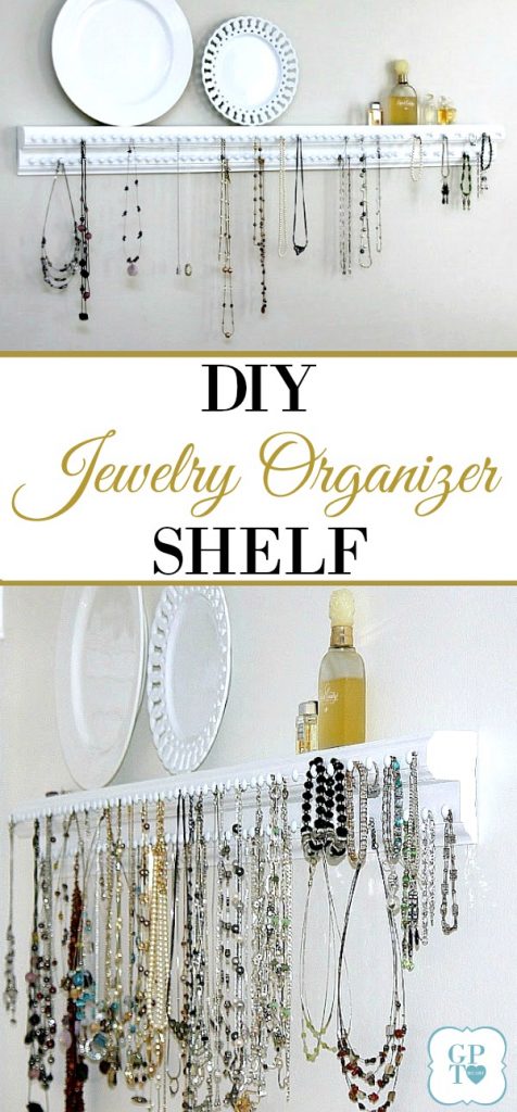 DIY wooden wall jewelry shelf organizer has plenty of hooks to keep necklaces and bracelets from tangling and within easy reach.