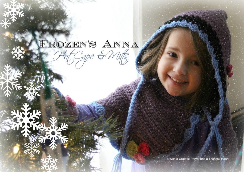 Little girls love Disney and they love dress-up. Crochet this sweet FROZEN Princess Anna Hat, Cape & Mitts. Pattern for mitts in post with links for cape and hat. 