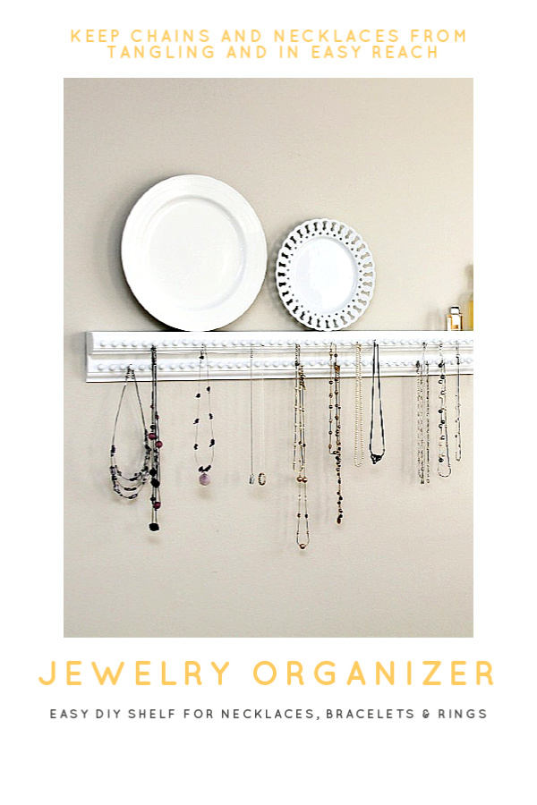 Keep you necklaces, bracelets and rings organizer and tangle free with and easy DIY craft project. A wall shelf with plenty of hooks to keep jewelry neat and within easy reach.