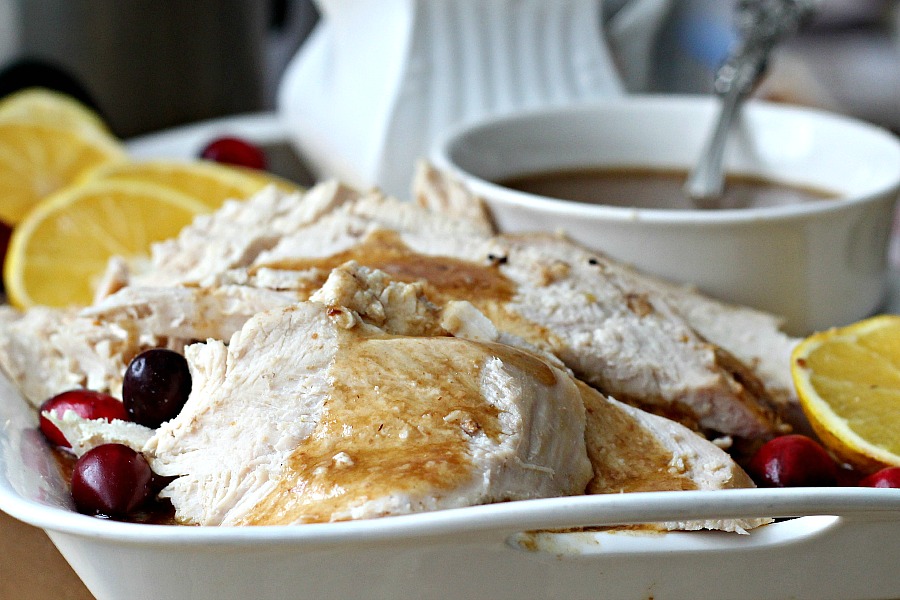 Crock pot turkey breast takes moments to ready when schedules are busy. Moist, tender with delicious cranberry gravy perfect for Sunday or weeknight dinner.